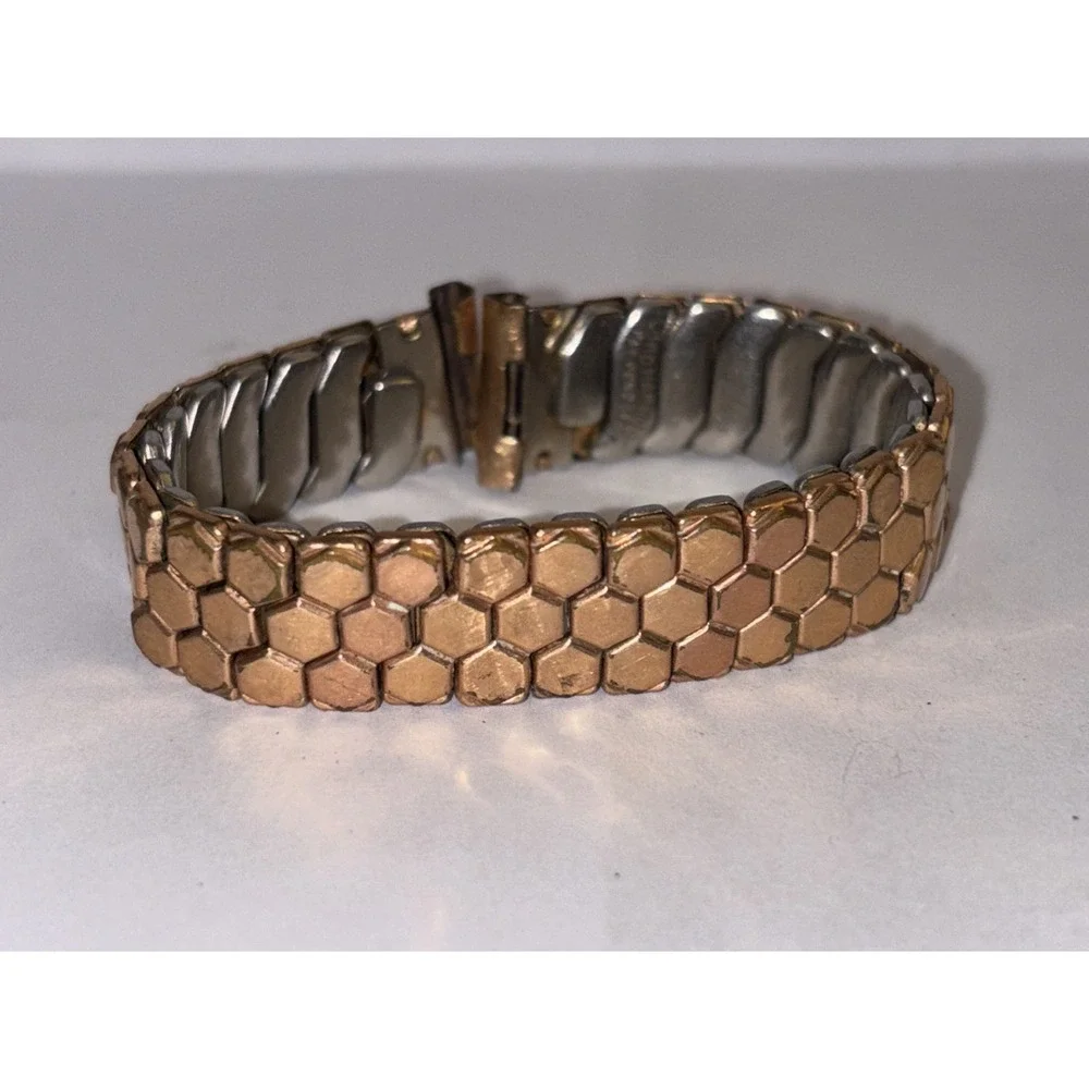 Vintage Stretch Lord Hardwood Watch Band Rose Gold Filled Top Stainless Steel‎